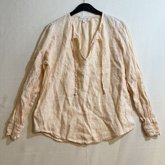 Anthropologie Cloth & Stone Linen Tie Neck Peasant Blouse, Creamy Peach - Size S - Picture 1 of 7